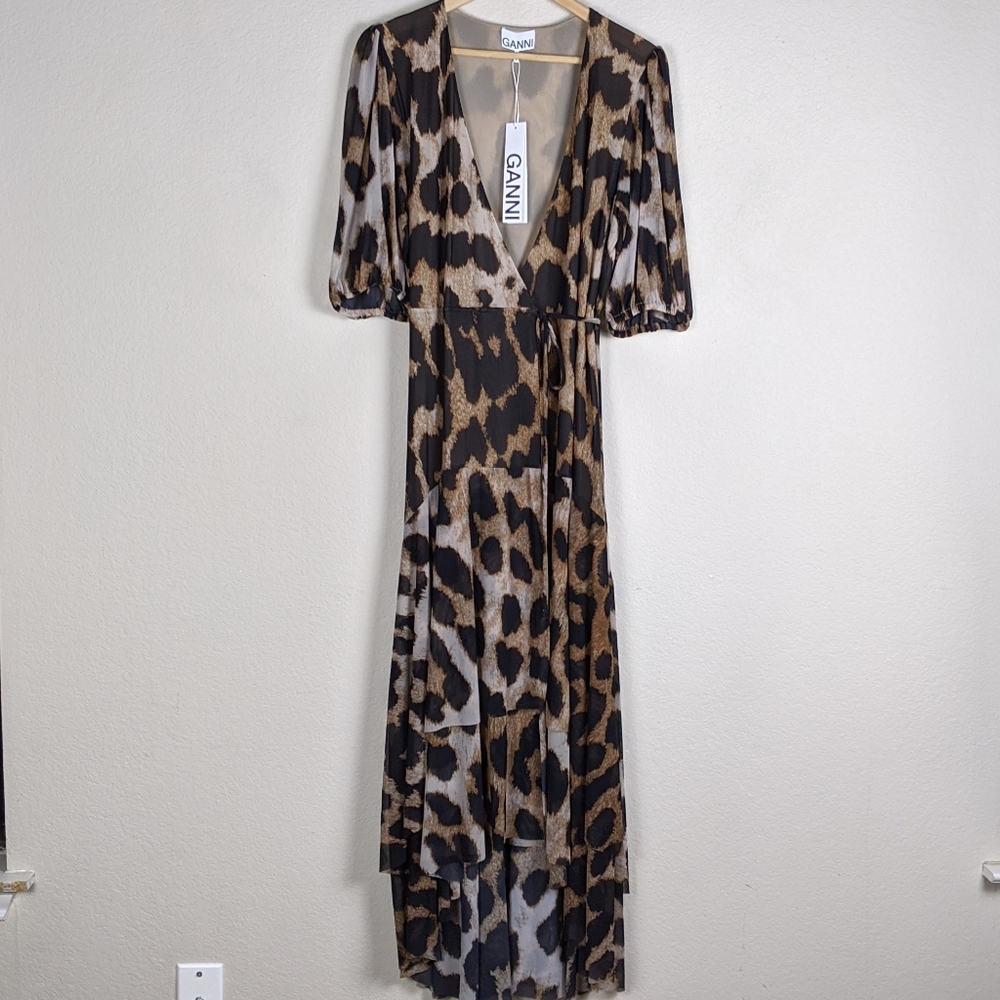 Ganni Leopard Mesh Wrap Dress Size 8 - Picture 1 of 6